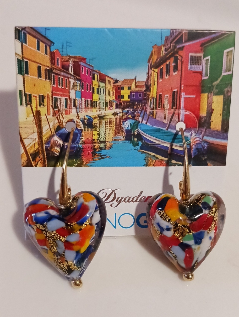 Gorgeous! Italian Glass Multicolor Heart Earrings with Gold Accents ⚜️🩷💜💚❤️⚜️